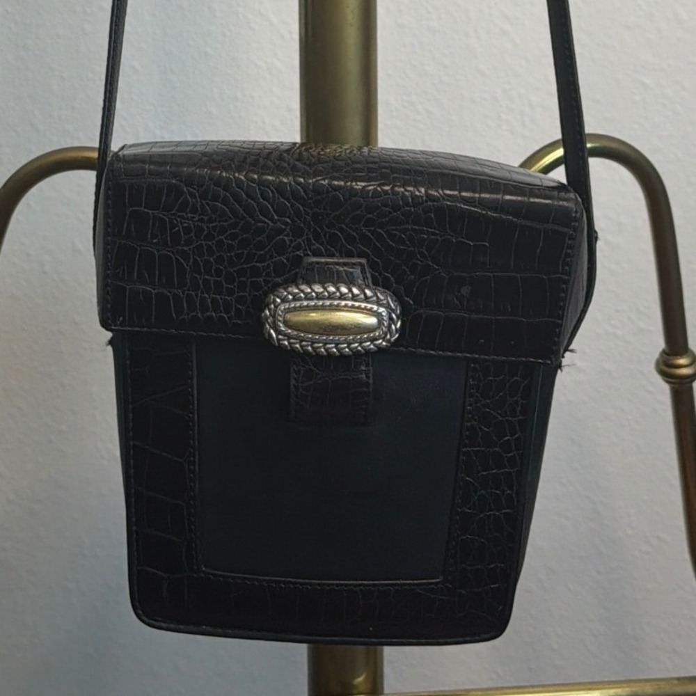 Brighton Vintage Black Leather Croc Embossed Crossbody Bag Western Silver Gold